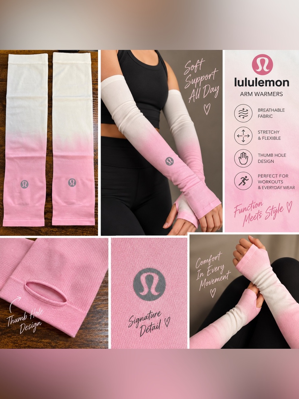 lululemon athletica Pink to White Ombre Arm Warmers with Thumb Hole